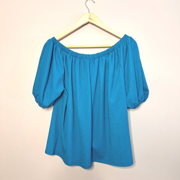 Anthropologie Off Shoulder Puff Sleeve Textured Teal Top M - Picture 3 of 6